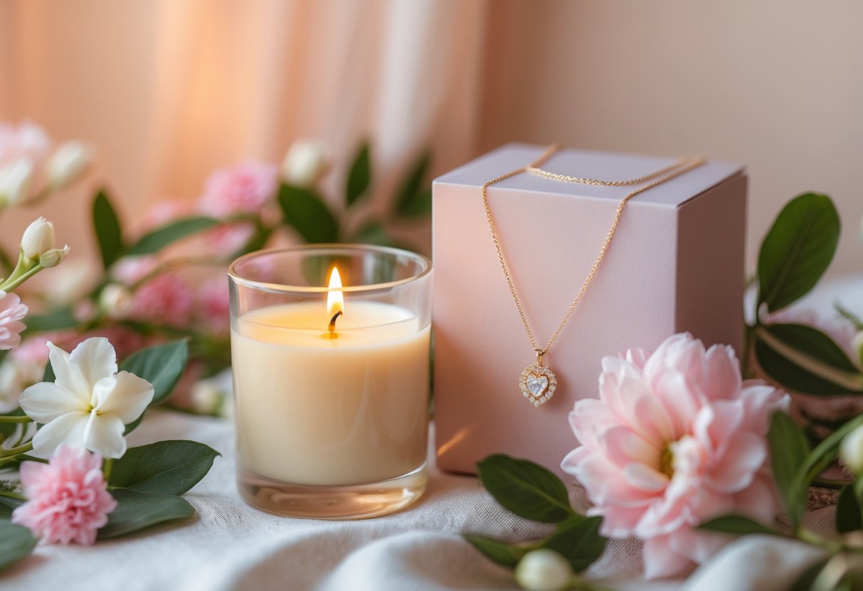 A jewelry necklace displayed next to a lit candle surrounded by flowers on a soft surface.
