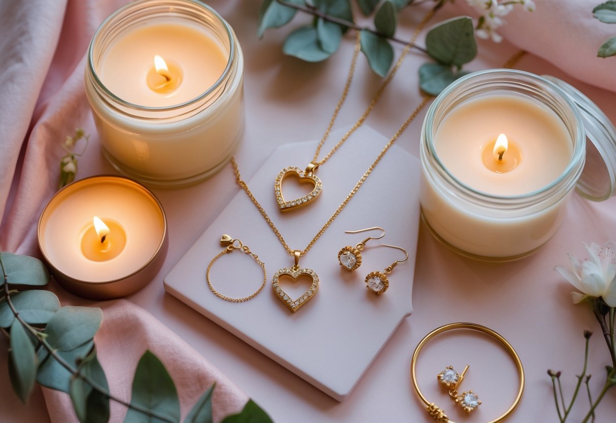 A flat lay of a Mother's Day gift set with gold jewelry and lit scented candles on a pastel pink background with floral accents.