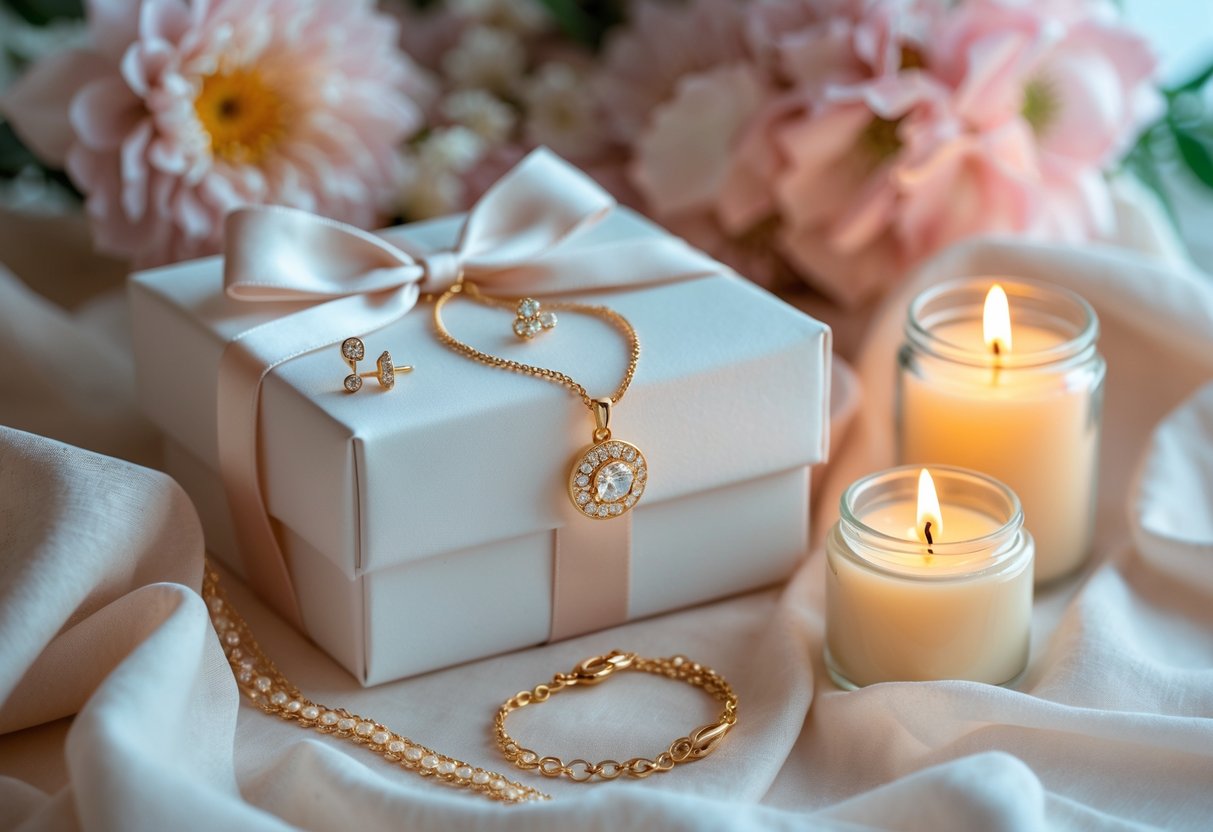 A set of jewelry including a necklace, earrings, and bracelet displayed next to lit scented candles on a soft fabric surface.