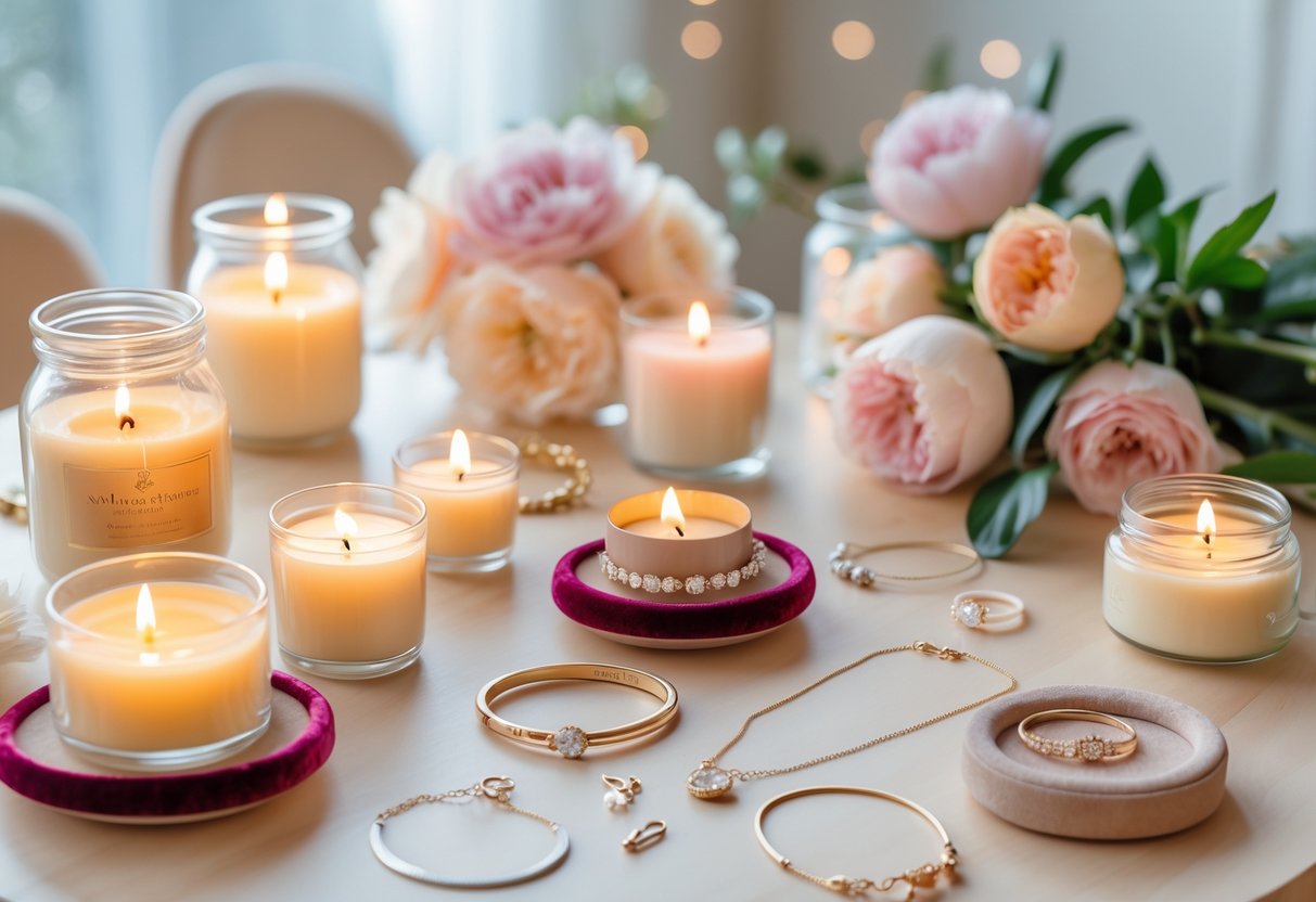 A table with lit candles and assorted jewelry pieces arranged together with fresh flowers, creating a warm and inviting gift display.