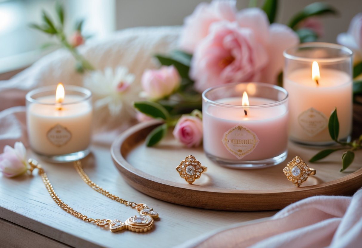 A table displaying a gold necklace and earrings next to pastel-colored candles with flowers around them.