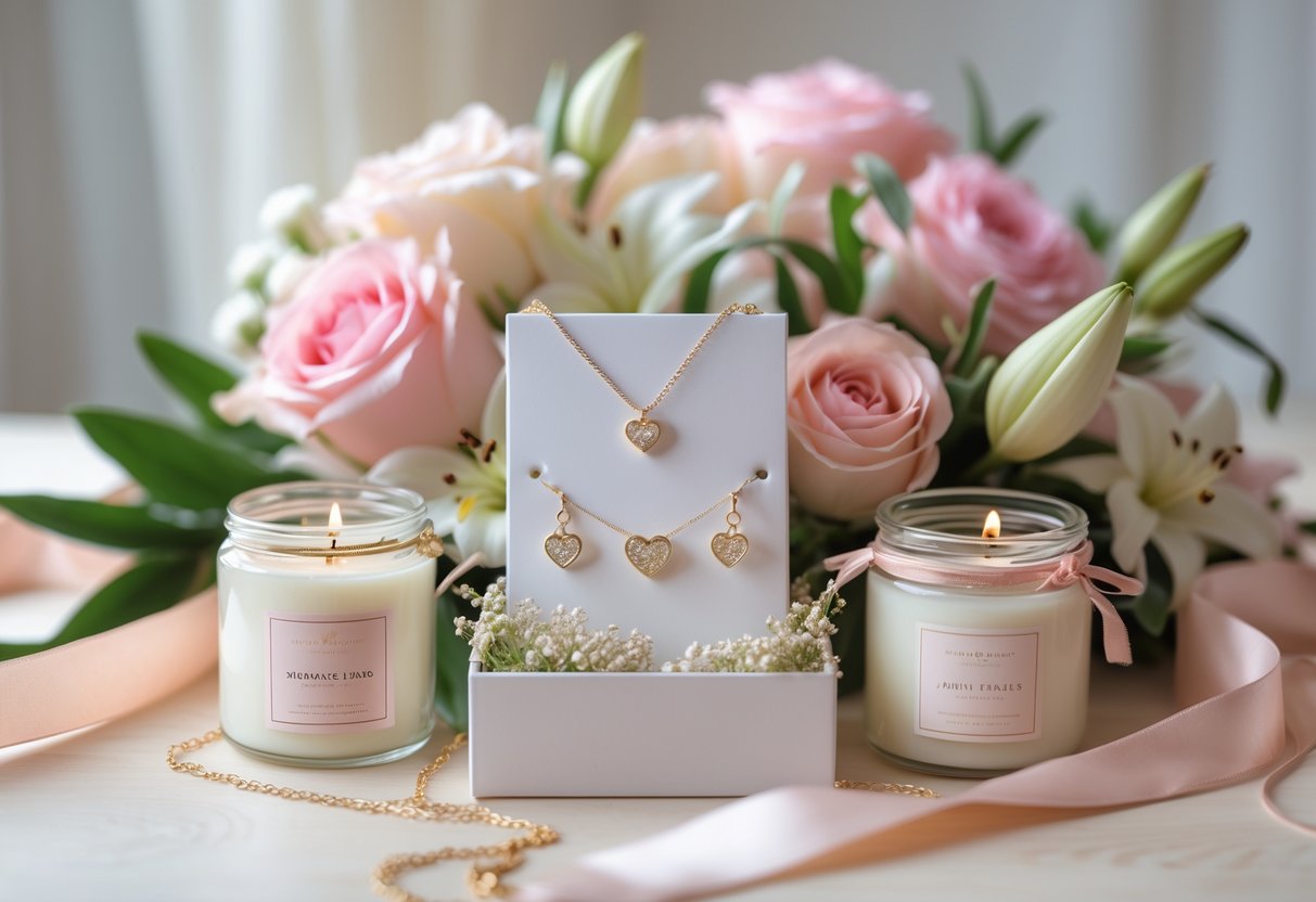 A Mother's Day gift set with jewelry and candles arranged on a wooden table surrounded by flowers.