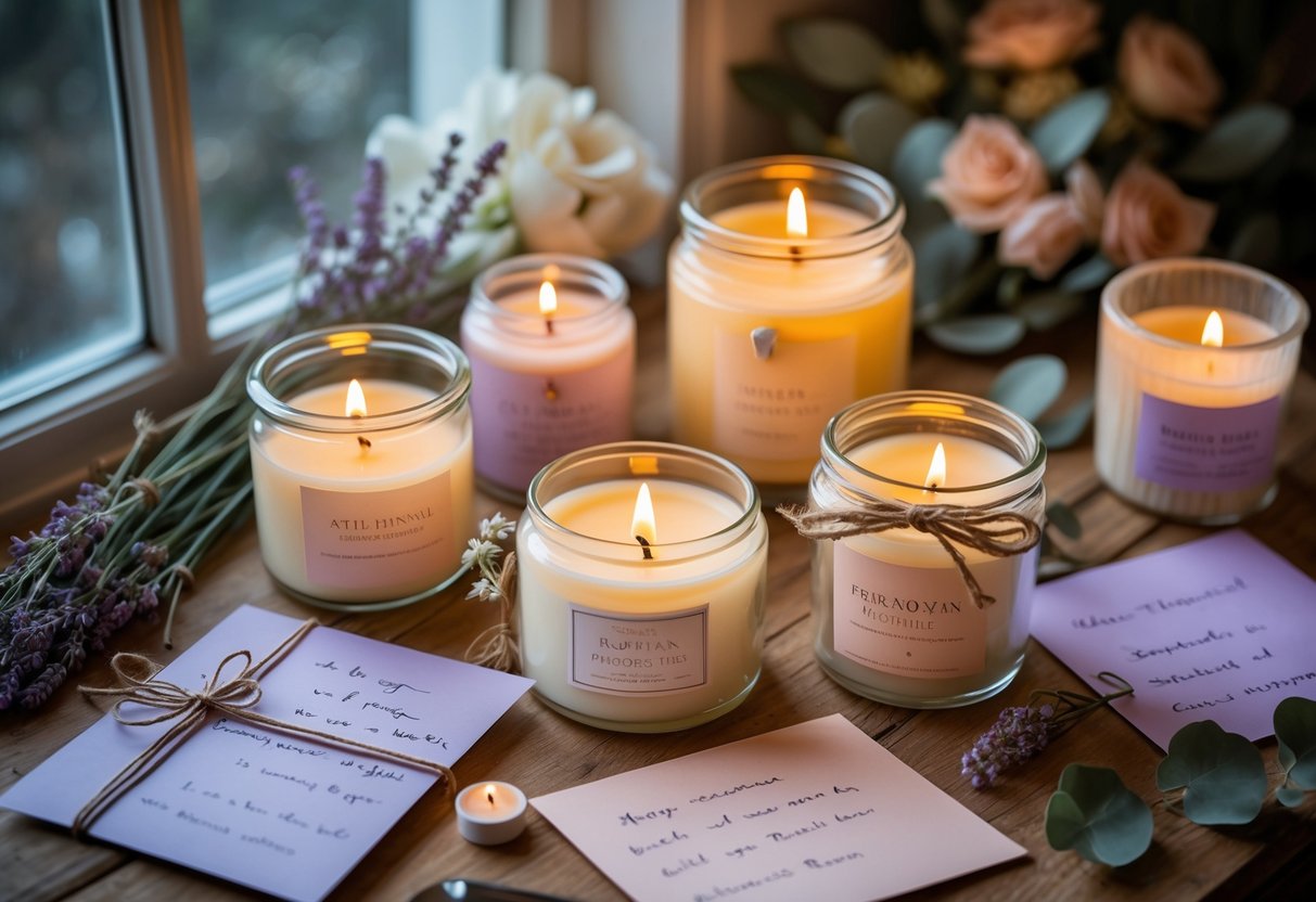A cozy table with glowing scented candles surrounded by handwritten notes and fresh flowers.