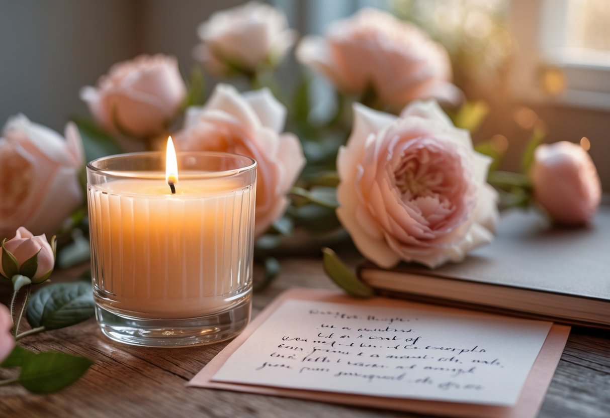 A lit scented candle next to a handwritten note surrounded by fresh flowers on a softly lit surface.