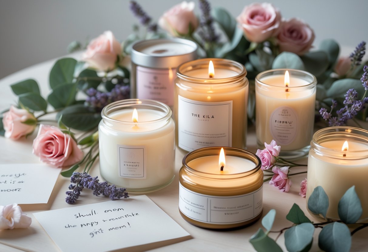 An arrangement of lit scented candles with flowers and handwritten notes on a wooden table.