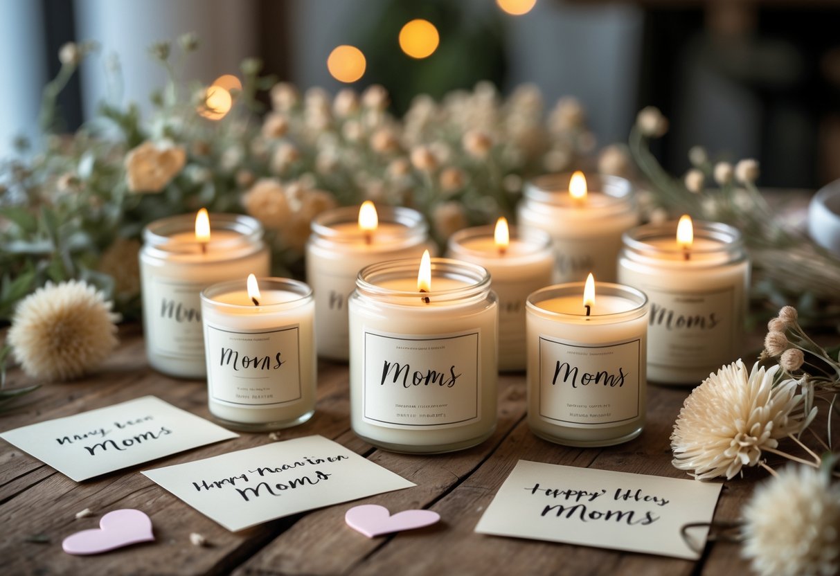 A table with lit personalized scented candles, dried flowers, and handwritten notes creating a warm and inviting gift setting.