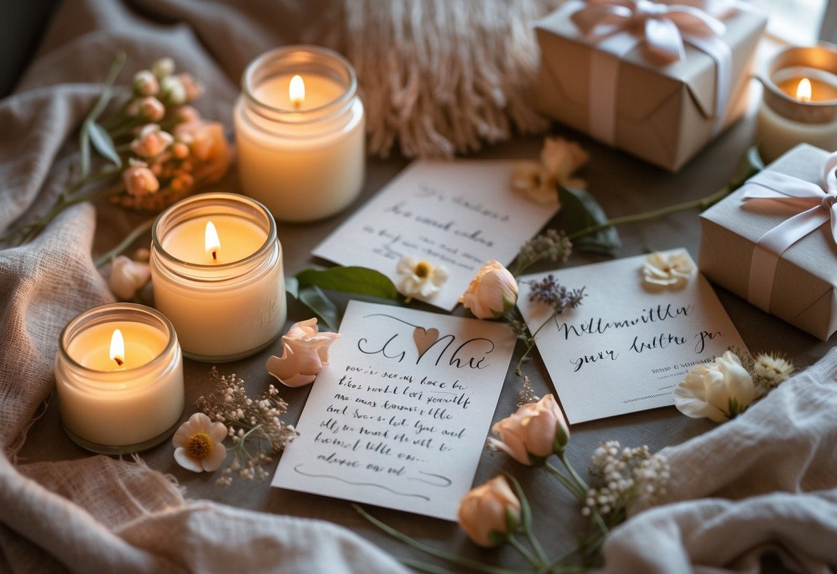A flat lay of lit scented candles and handwritten notes arranged with flowers and fabric, creating a warm and loving gift scene.