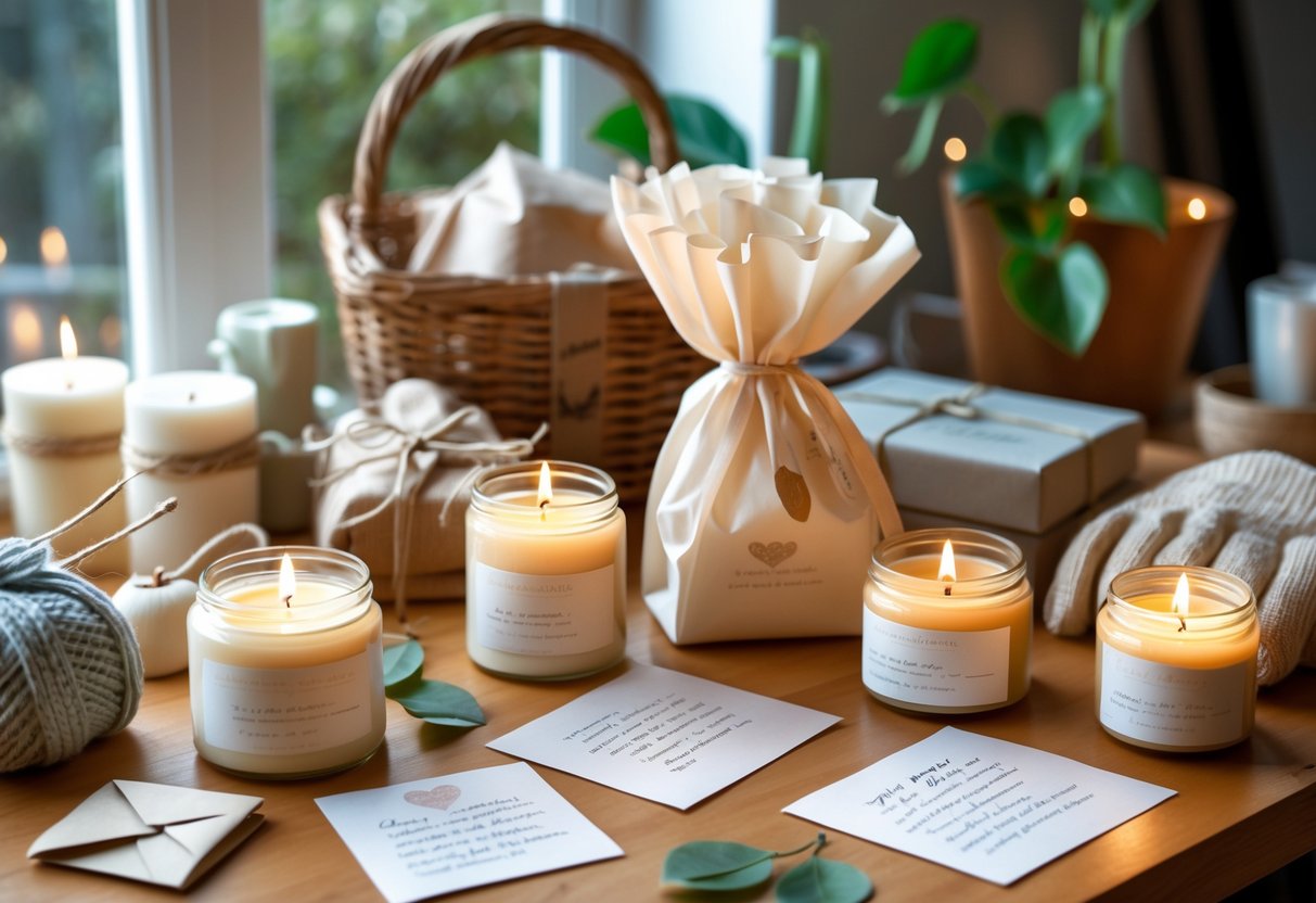 A cozy table with scented candles and handwritten notes arranged alongside items representing different types of moms, like knitting supplies and gardening gloves.