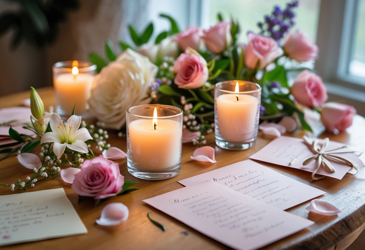 A cozy table with glowing scented candles, fresh flowers, and handwritten notes celebrating moms.