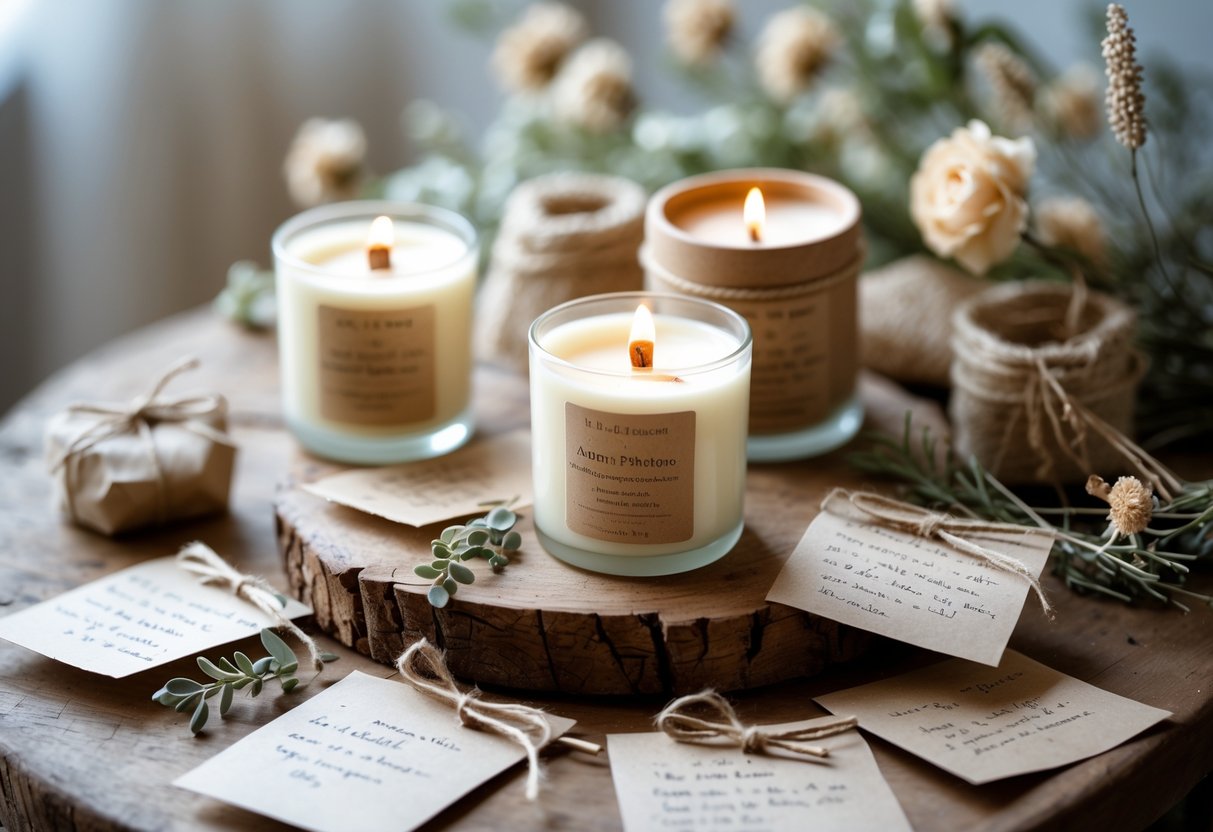 A collection of eco-friendly scented candles and handwritten notes arranged on a wooden table with greenery and dried flowers.