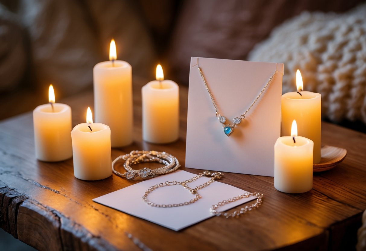 A cozy scene with lit candles, silver jewelry, and a message card arranged on a wooden table.