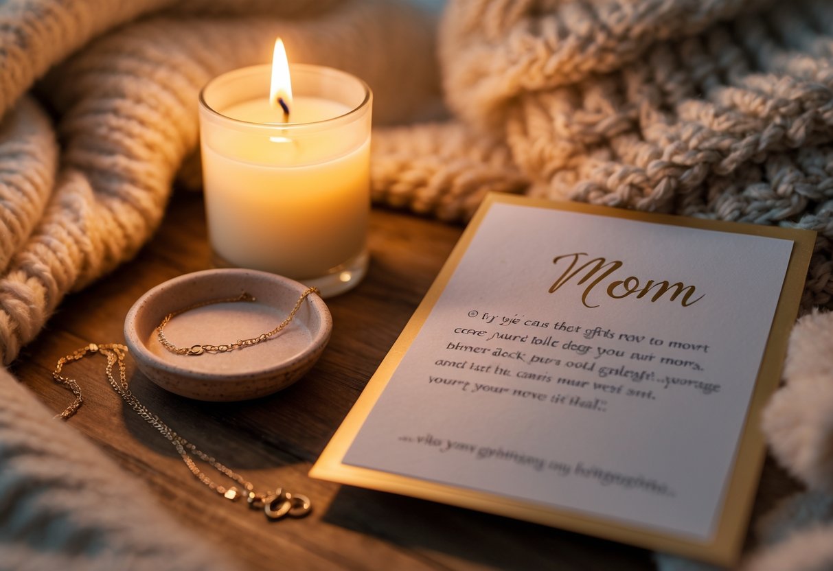 A glowing candle, a piece of jewelry on a small dish, and a message card arranged on a wooden surface with soft fabric in the background.