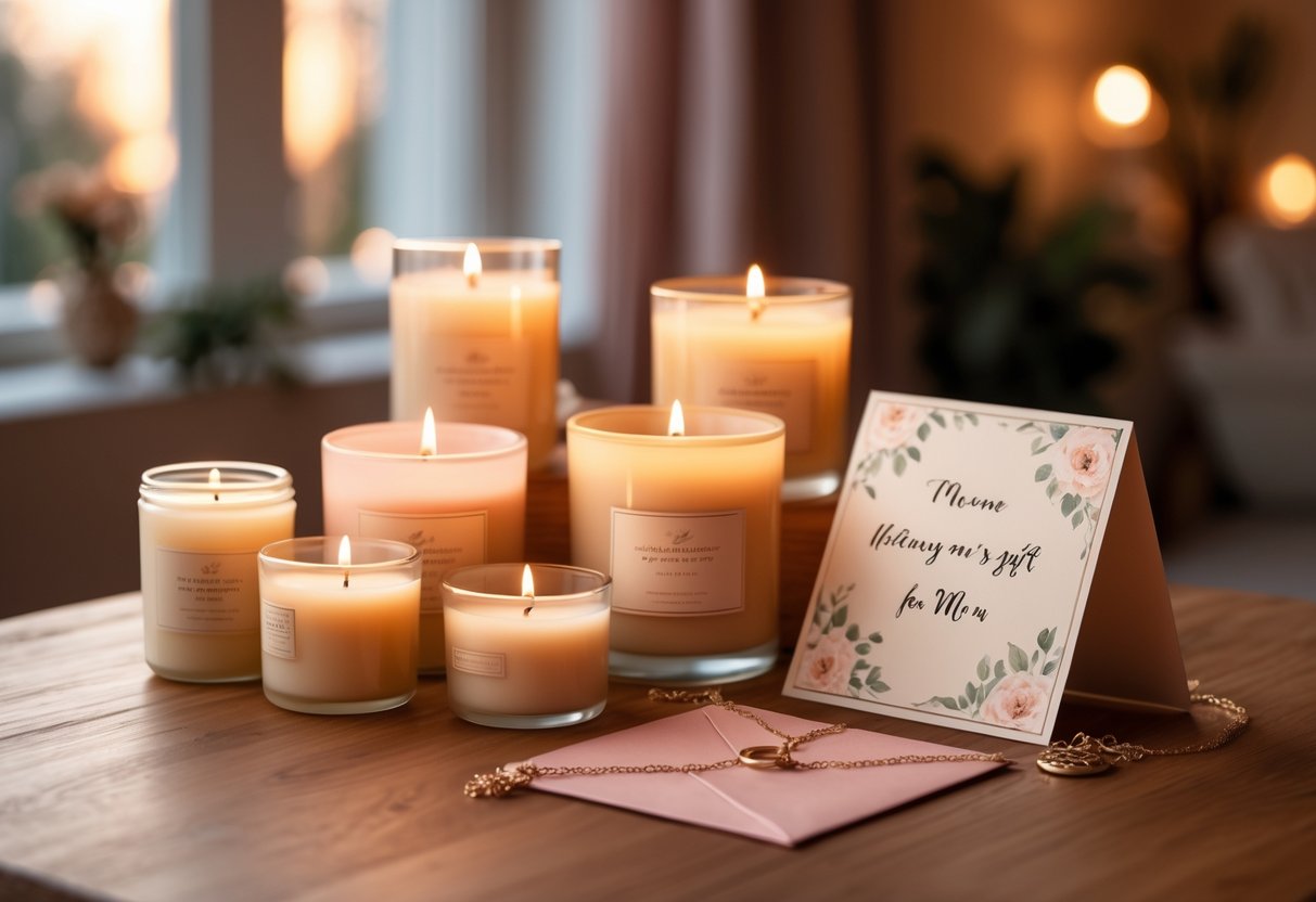 A cozy arrangement of lit candles, a piece of jewelry, and a folded message card on a wooden table in a softly lit room.