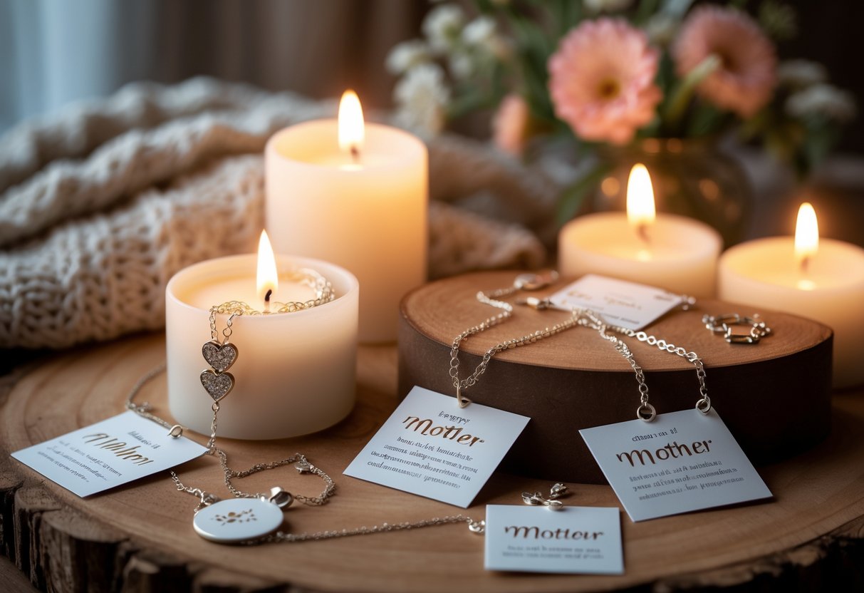 A cozy scene with glowing candles and delicate jewelry pieces with small message cards arranged on a wooden surface.