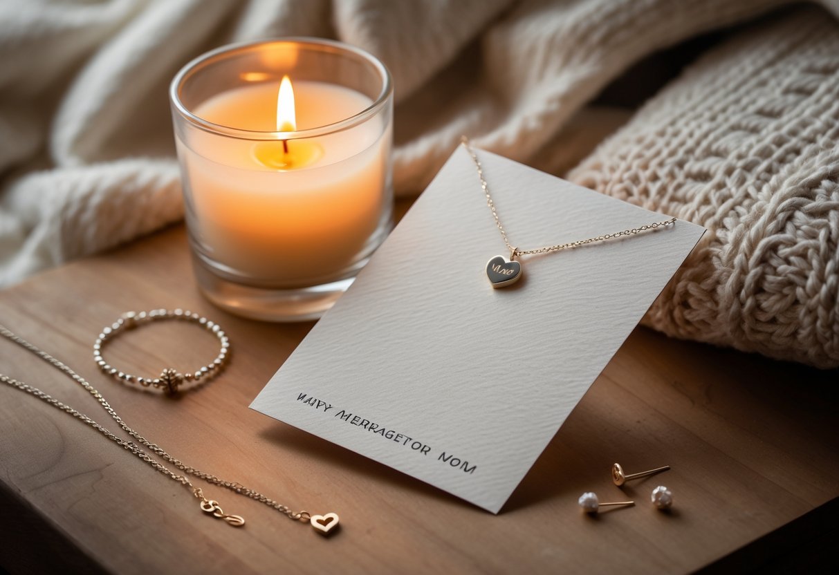 A cozy table setting with a glowing candle, a blank message card, and delicate jewelry arranged together.