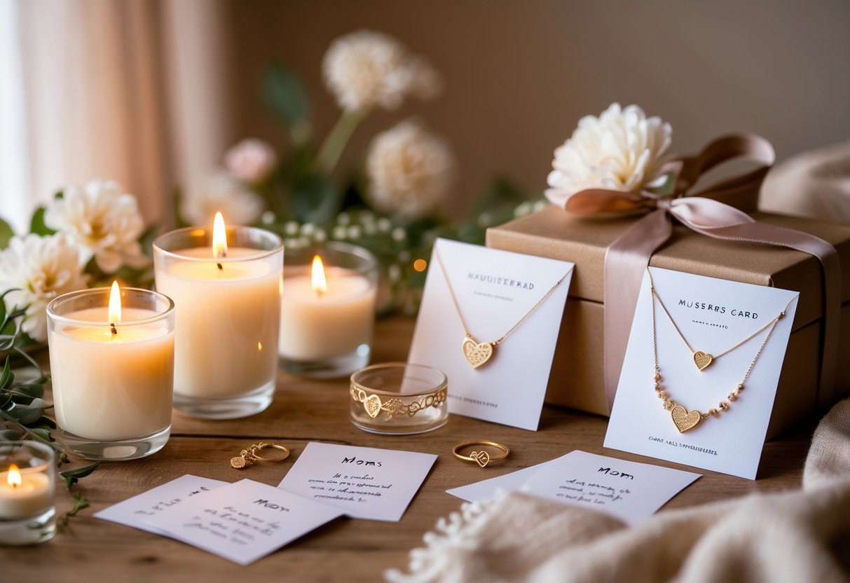 A gift set with glowing candles, delicate jewelry, and handwritten message cards arranged on a wooden table.