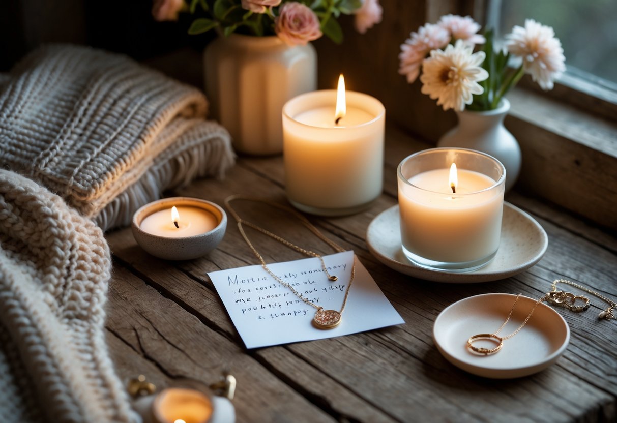 A cozy arrangement of lit candles, a piece of jewelry on a dish, and a handwritten message card on a wooden table with soft textiles and flowers nearby.