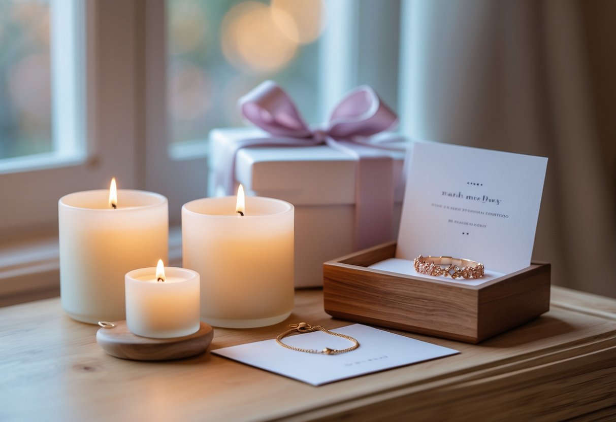 A cozy scene with glowing candles, jewelry on a holder, and a message card arranged on a wooden table in a softly lit room.