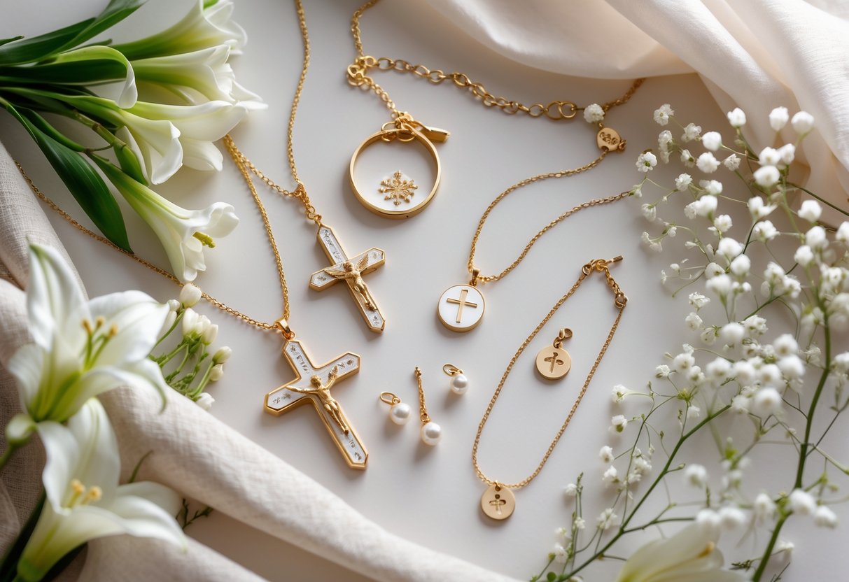 A flat lay of faith-inspired jewelry including cross necklaces, earrings, and a bracelet arranged on soft fabric with small white flowers.