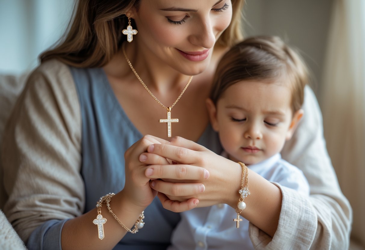 A mother wearing faith-inspired jewelry gently holding her child's hand in a warm, cozy setting.