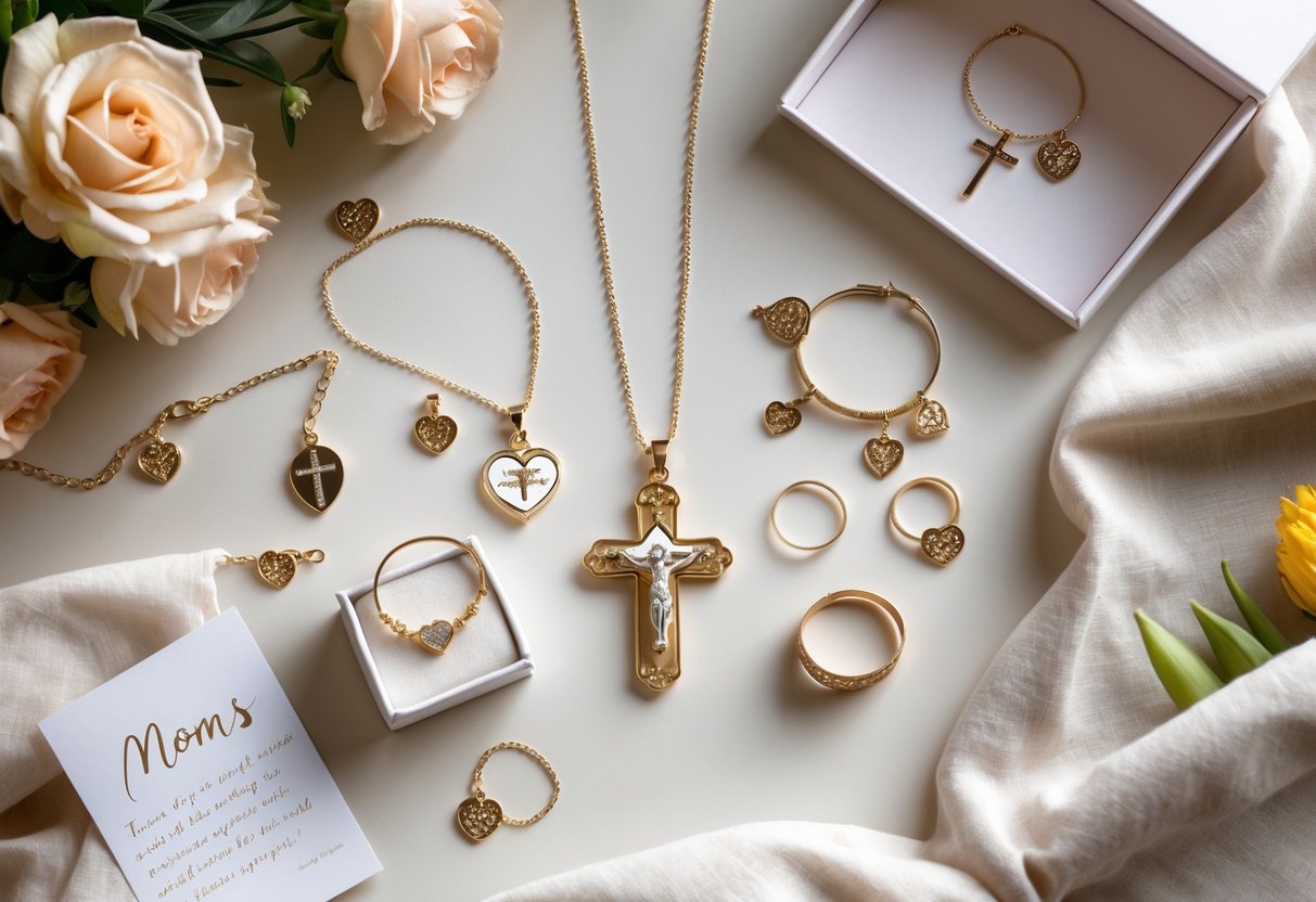 A collection of faith-inspired jewelry including cross necklaces, bracelets with religious charms, and rings arranged on soft fabric with flowers and a gift box.