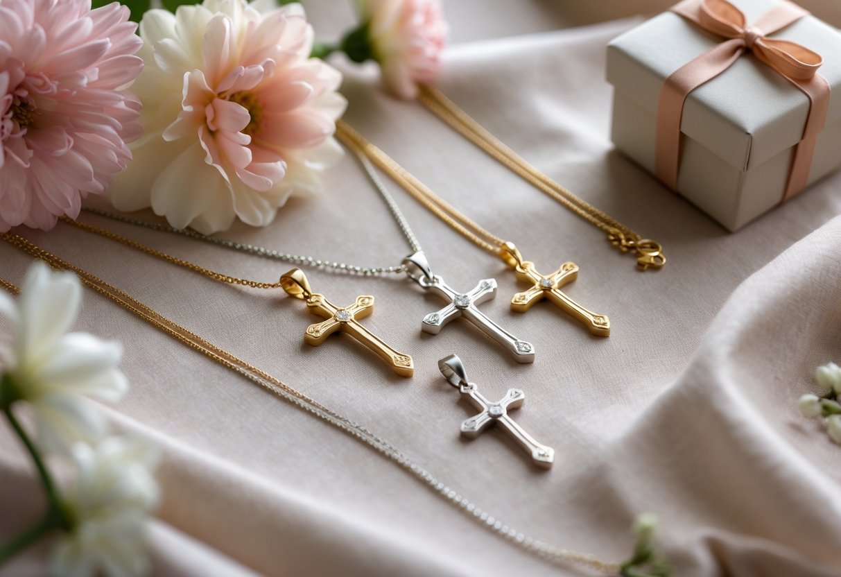 Close-up of gold and silver cross necklaces on soft fabric surrounded by flowers and a small gift box.