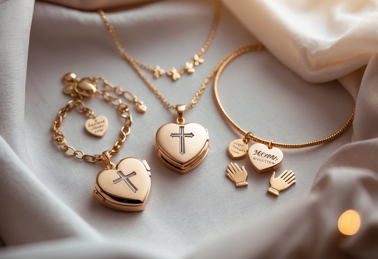Close-up of elegant Christian jewelry including a cross pendant, heart-shaped locket, and charm bracelet on a soft fabric background.