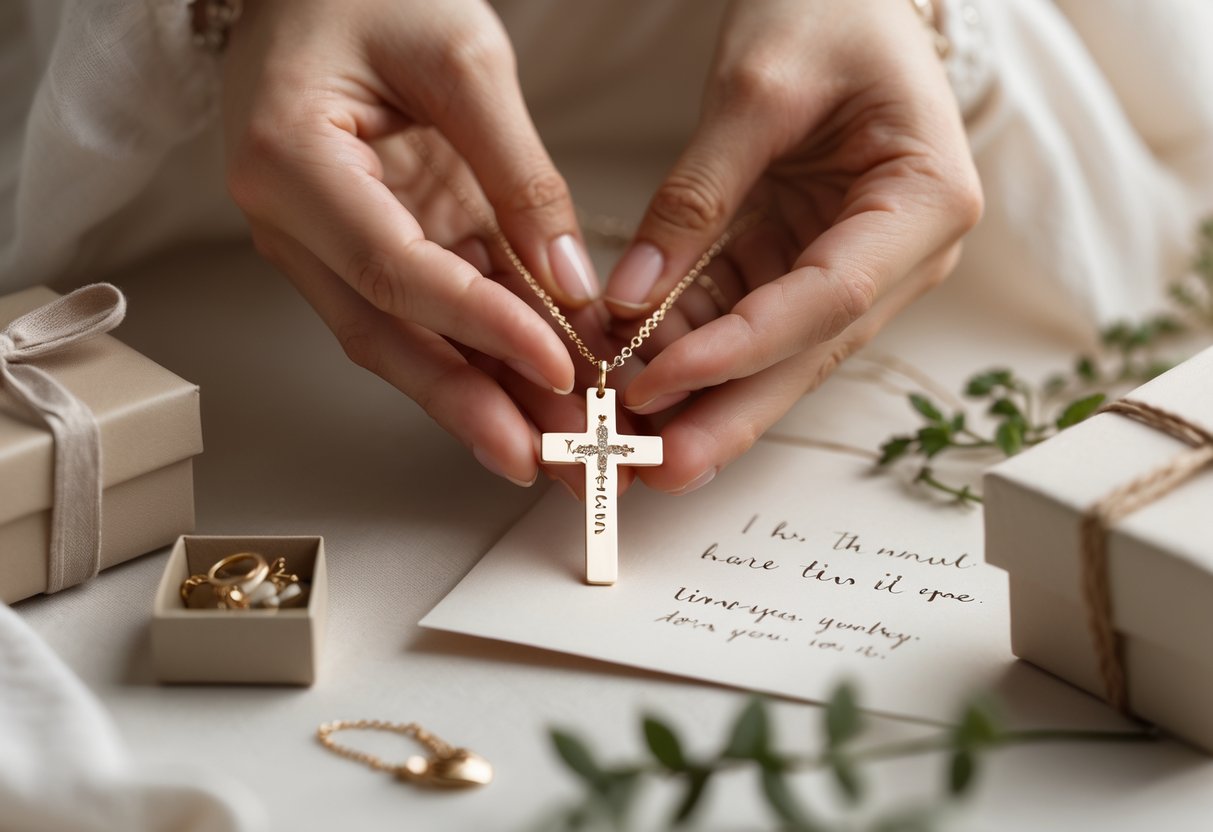 Close-up of hands holding a faith-inspired necklace with a cross pendant and engraved charm, surrounded by a gift box and greenery.