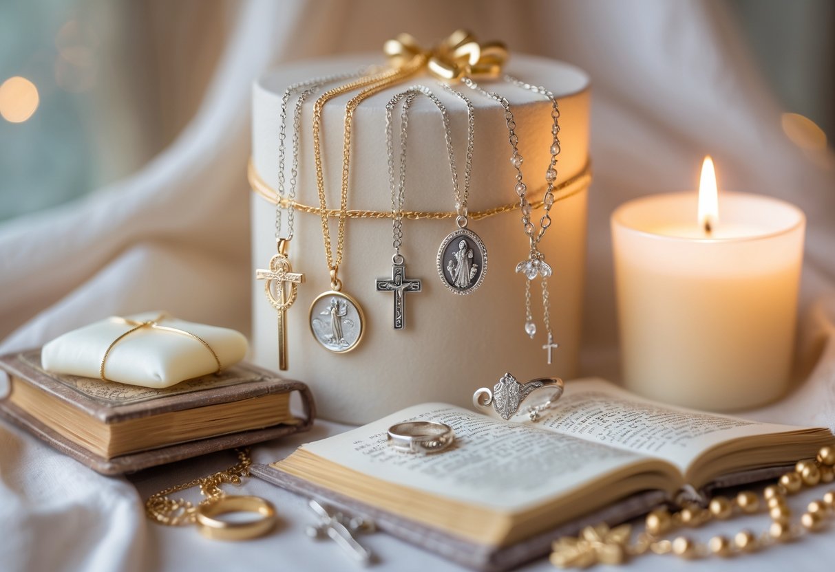 A collection of faith-inspired jewelry including necklaces, bracelets, and rings displayed with a candle, prayer book, and rosary on a softly lit surface.