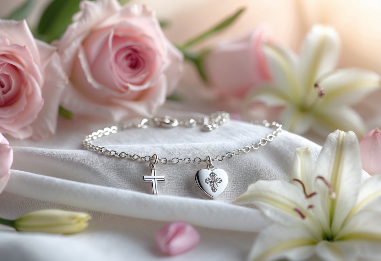 Close-up of a silver cross necklace and heart charm bracelet displayed on white cloth with pink and white flowers around them.