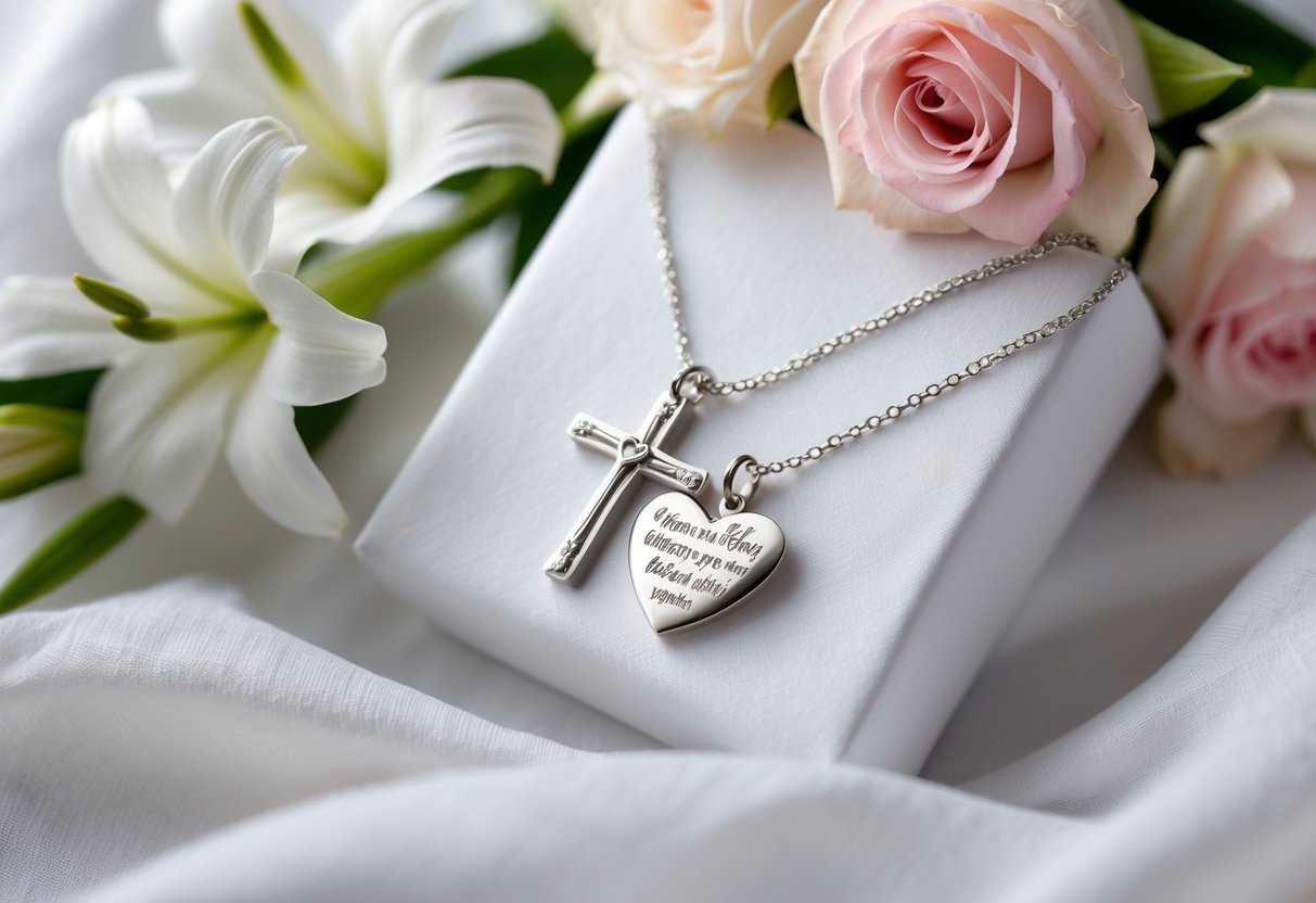 Close-up of silver Christian-themed jewelry with a cross and heart pendant on white fabric surrounded by white lilies and pink roses.