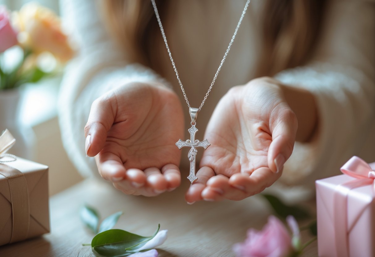 A woman holding a delicate cross necklace in her hands with flowers and a gift box in the background.
