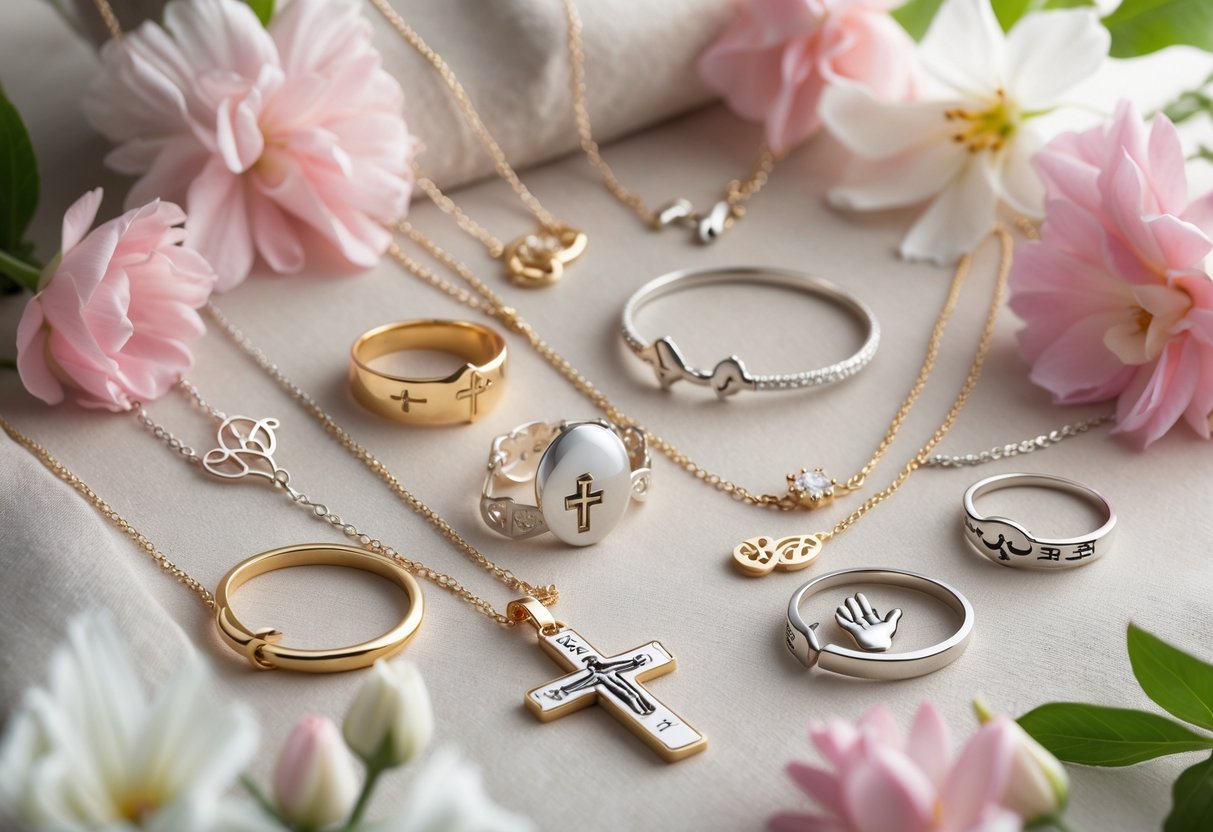 Close-up of Christian-themed jewelry including crosses and doves arranged with flowers on a soft fabric background.