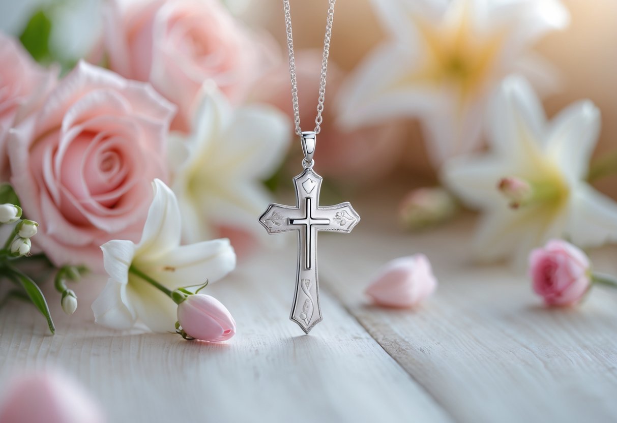 Close-up of a silver cross necklace with floral decorations on a light wooden surface.