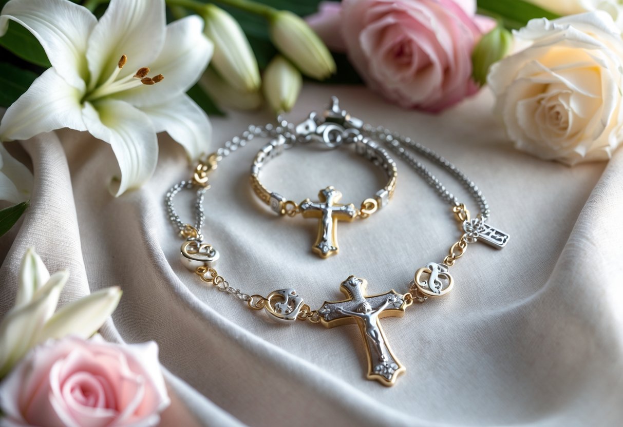 Close-up of a silver and gold Christian-themed necklace and bracelet with crosses, displayed on soft fabric with white lilies and pink roses.
