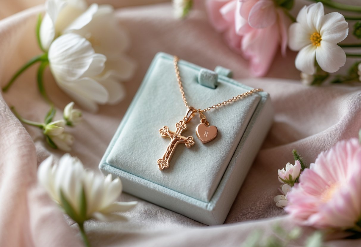 Close-up of Christian-themed jewelry with a cross and heart pendant displayed on soft fabric surrounded by flowers.