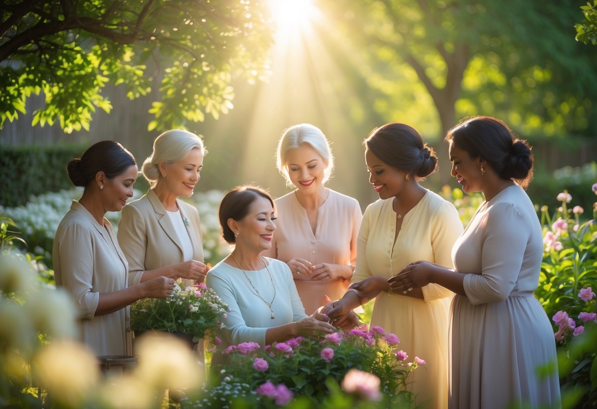 A group of women caring for flowers and supporting each other in a sunlit garden surrounded by trees.