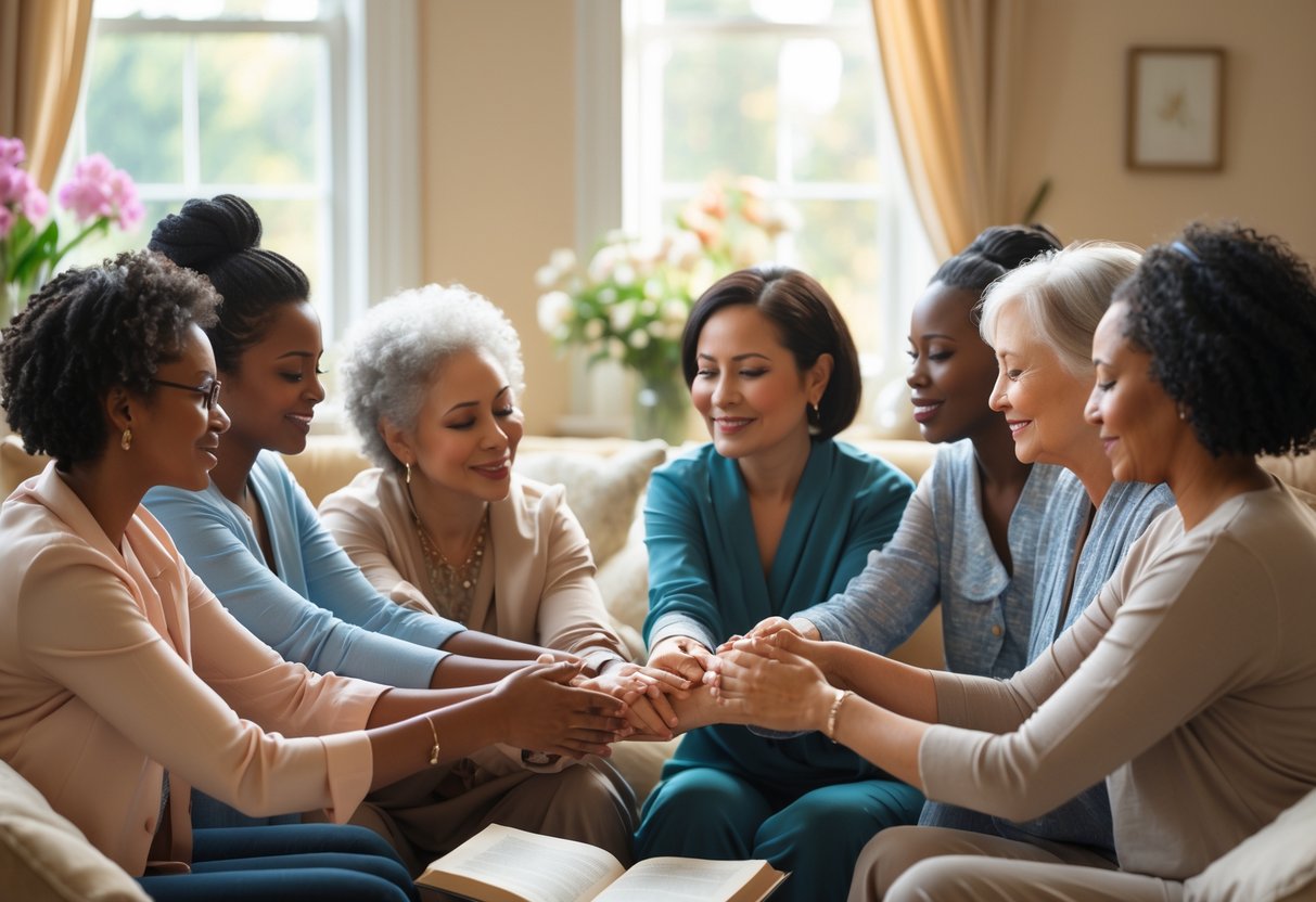A group of diverse women gathered together, supporting and comforting each other in a warm, peaceful room.