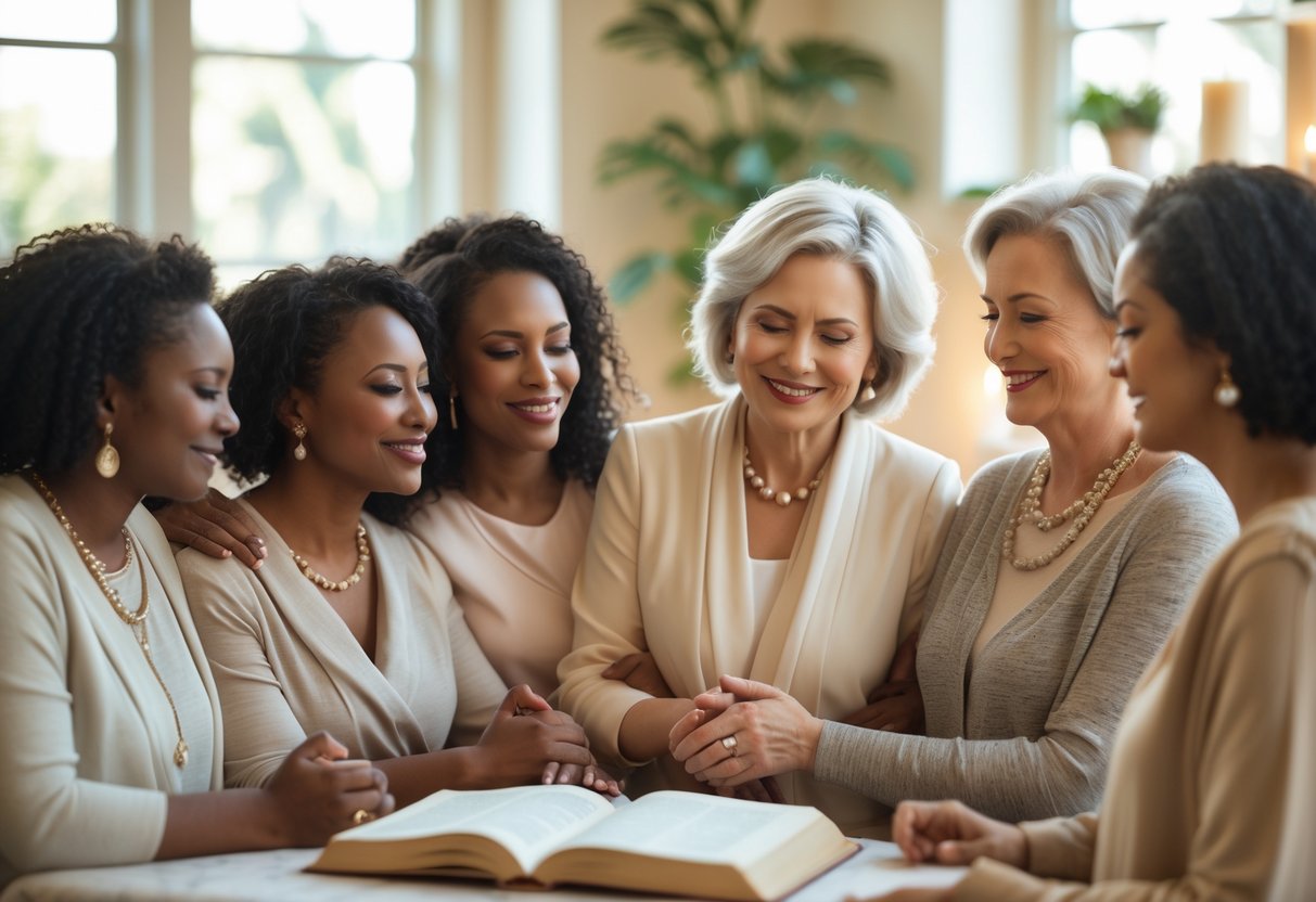 A group of women sharing a warm, supportive moment together in a softly lit room, expressing care and compassion.