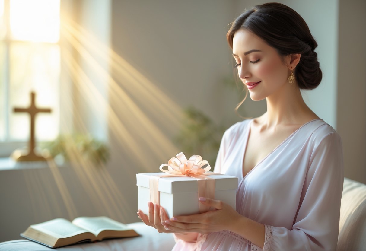 A Christian woman gently holding a wrapped gift box in a peaceful room with a cross and a Bible nearby.