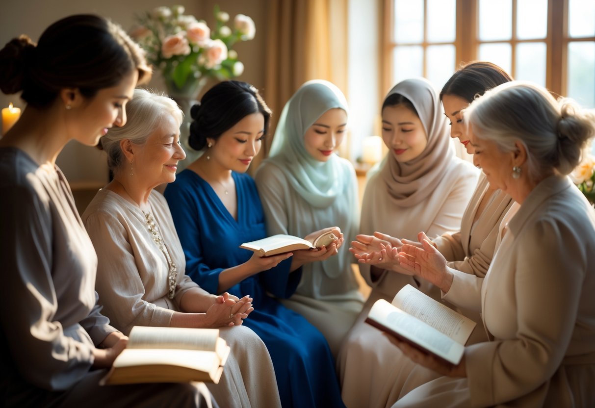 A group of women gathered indoors, holding books and gently interacting in a peaceful, sunlit room filled with flowers and a glowing candle.