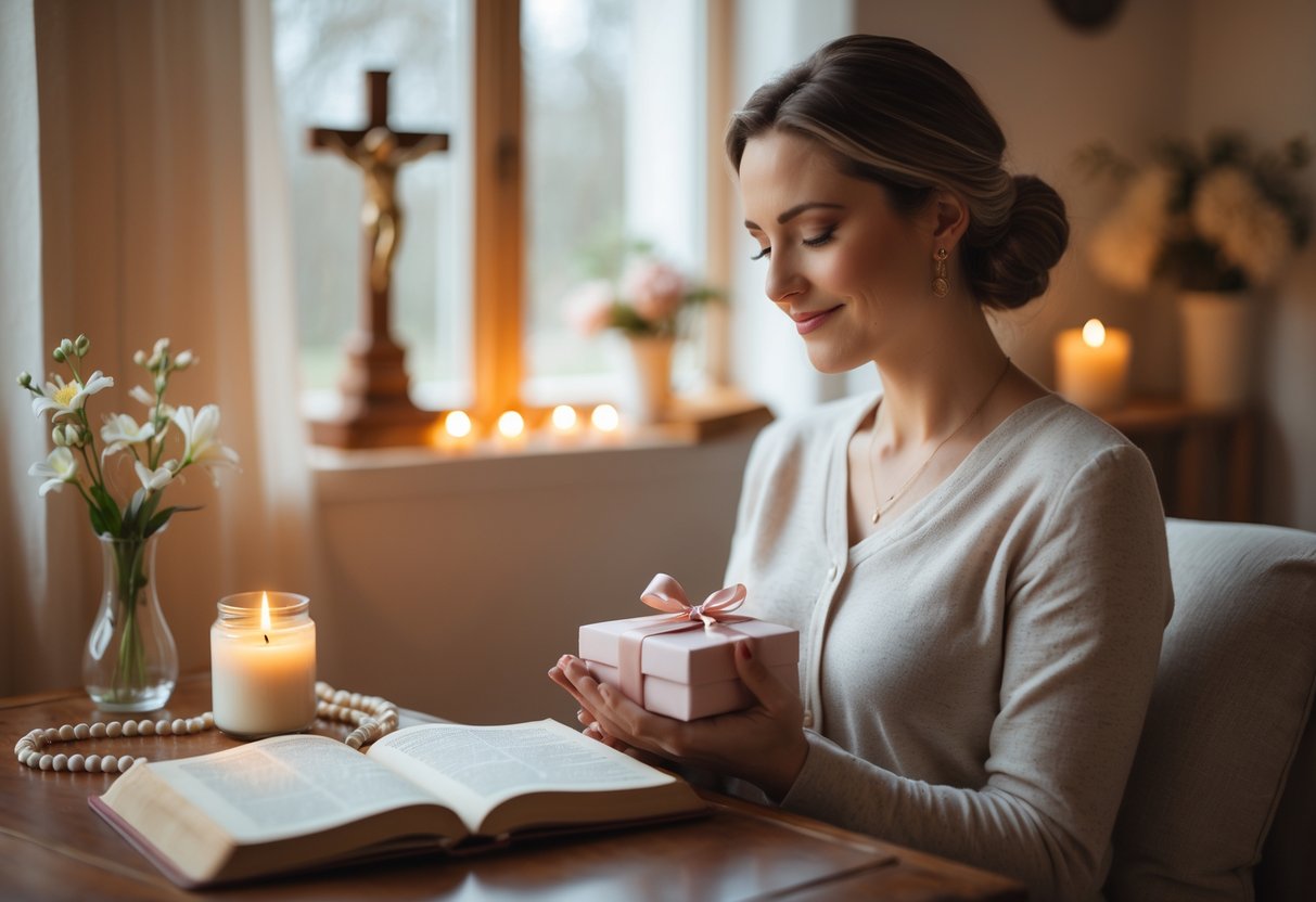 A woman sitting in a cozy room surrounded by spiritual gifts including a prayer journal, rosary, lit candle, and an open Bible, holding a small wrapped gift.