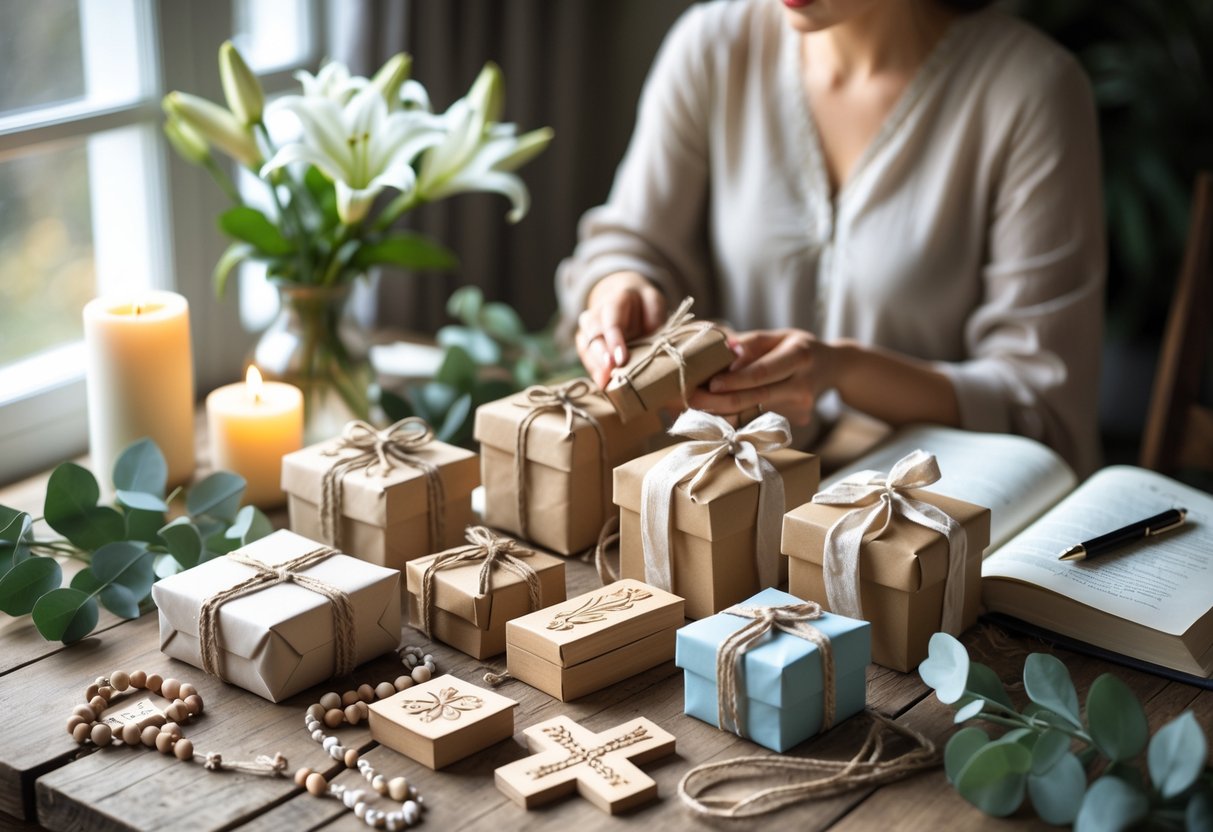 A woman arranging handmade spiritual gifts including rosaries, crosses, and wrapped boxes on a wooden table with flowers and a glowing candle nearby.