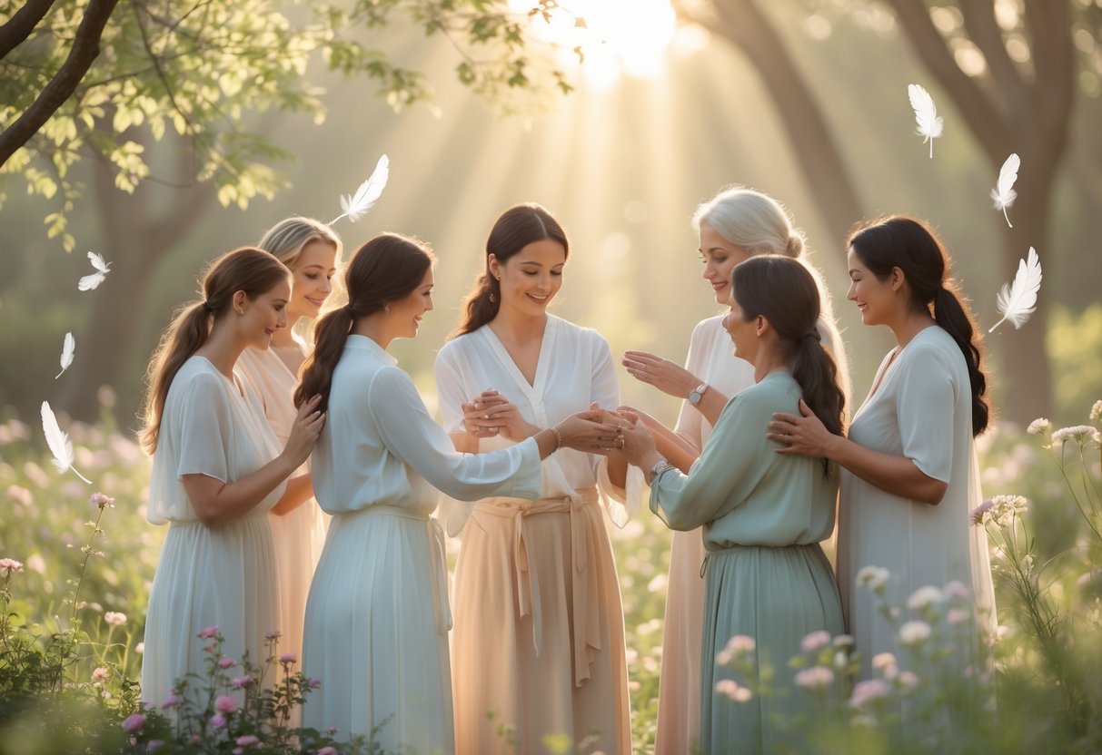 A group of women gently supporting and comforting each other outdoors in a sunlit natural setting surrounded by greenery and flowers.