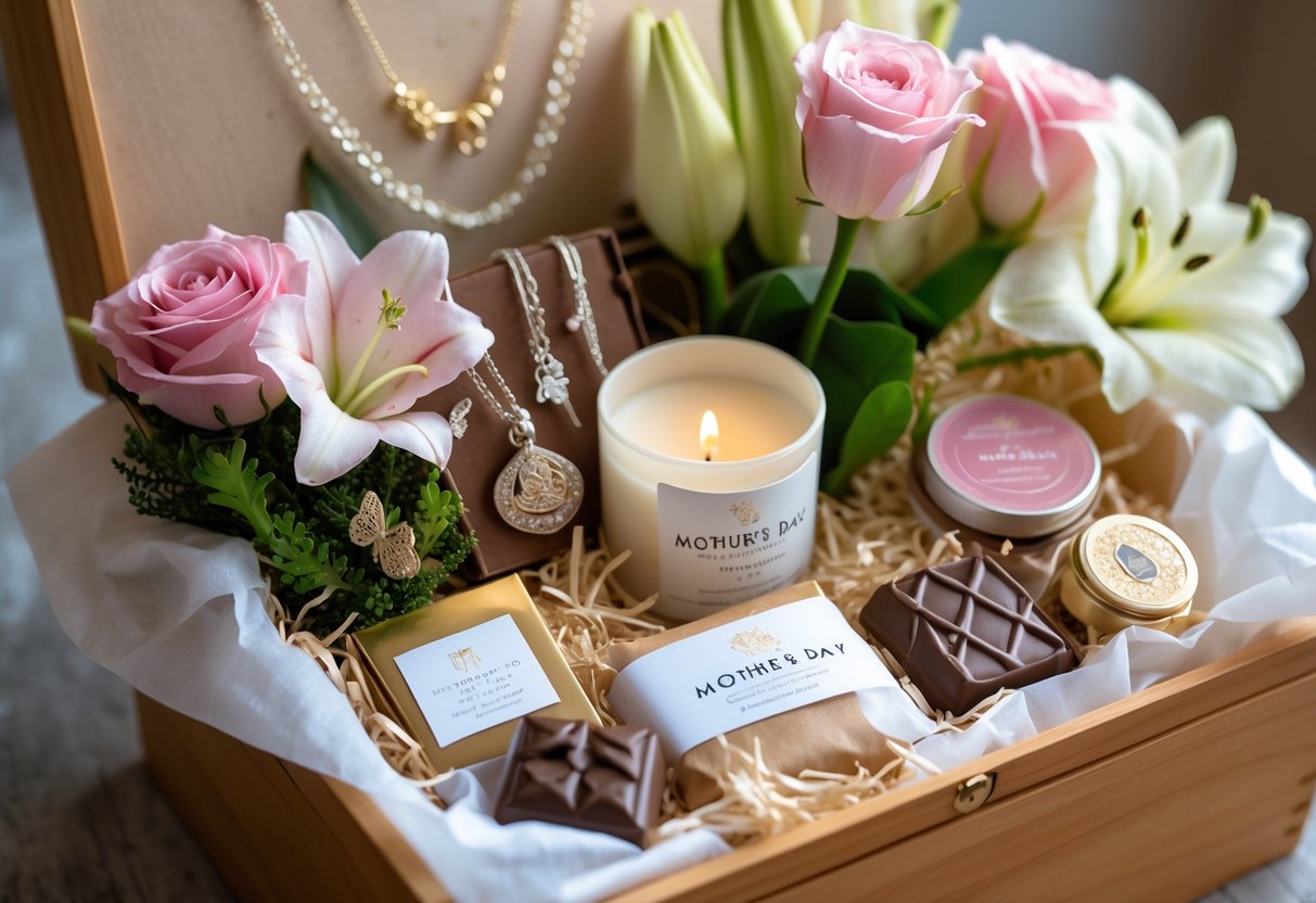 A wooden gift box containing jewelry, chocolates, a candle, and fresh flowers arranged as a Mother's Day gift.