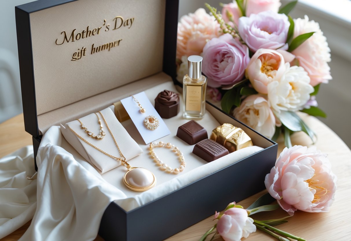 A Mother's Day gift box with jewelry, chocolates, perfume, and fresh flowers arranged on a wooden table.