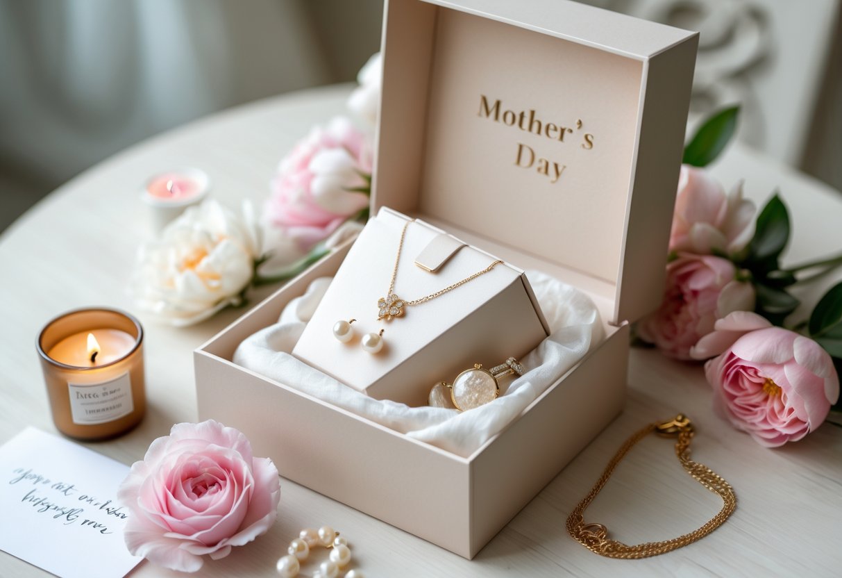 An open gift box on a table containing jewelry and surrounded by flowers and a candle.