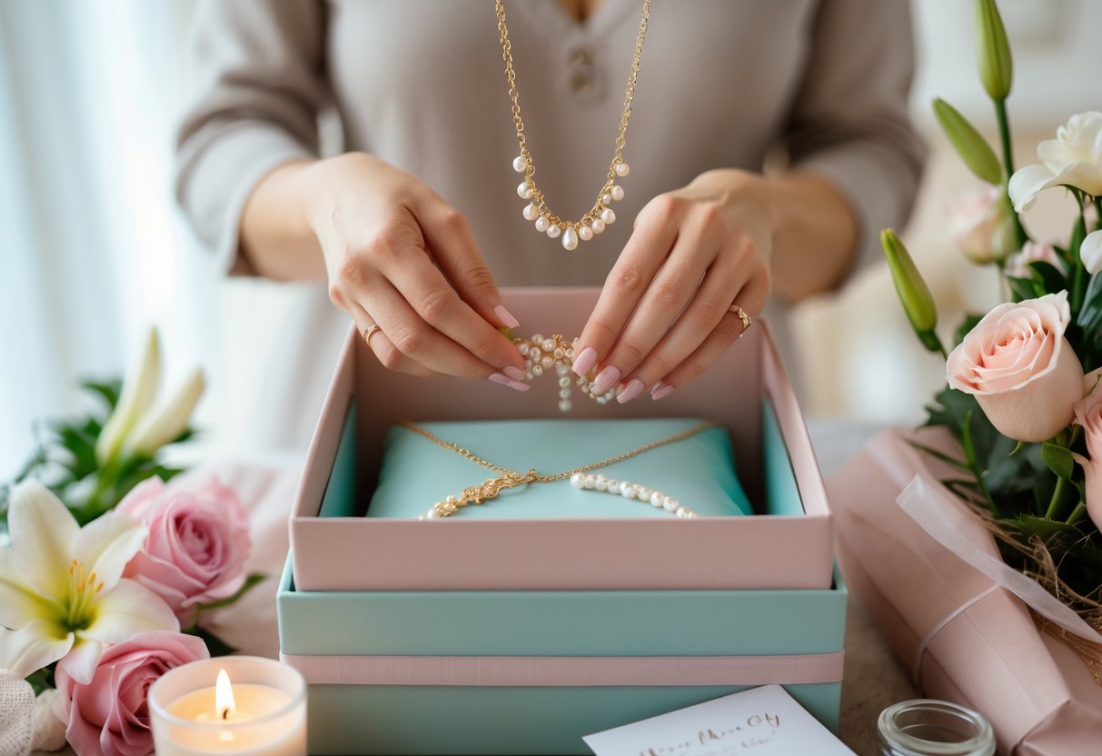 Hands placing jewelry into a decorated gift box surrounded by flowers and a candle.