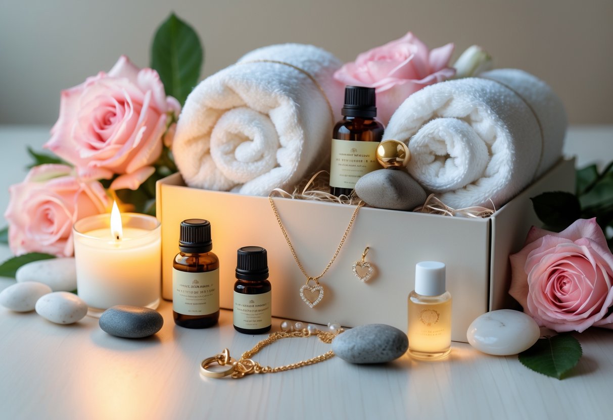 A Mother's Day gift box containing essential oils, jewelry, towels, a candle, and flowers arranged on a wooden surface.