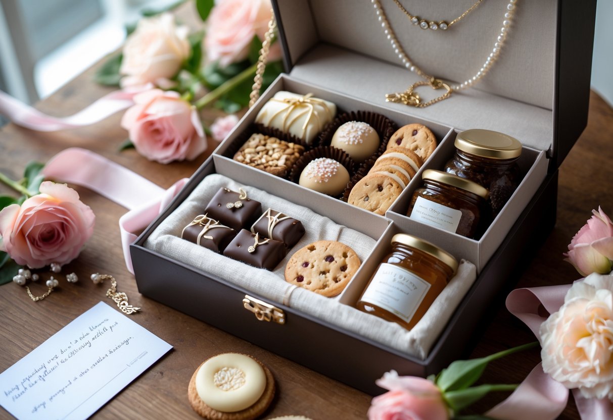 A Mother's Day gift box containing gourmet treats and delicate jewelry arranged on a wooden table with flowers and ribbons nearby.